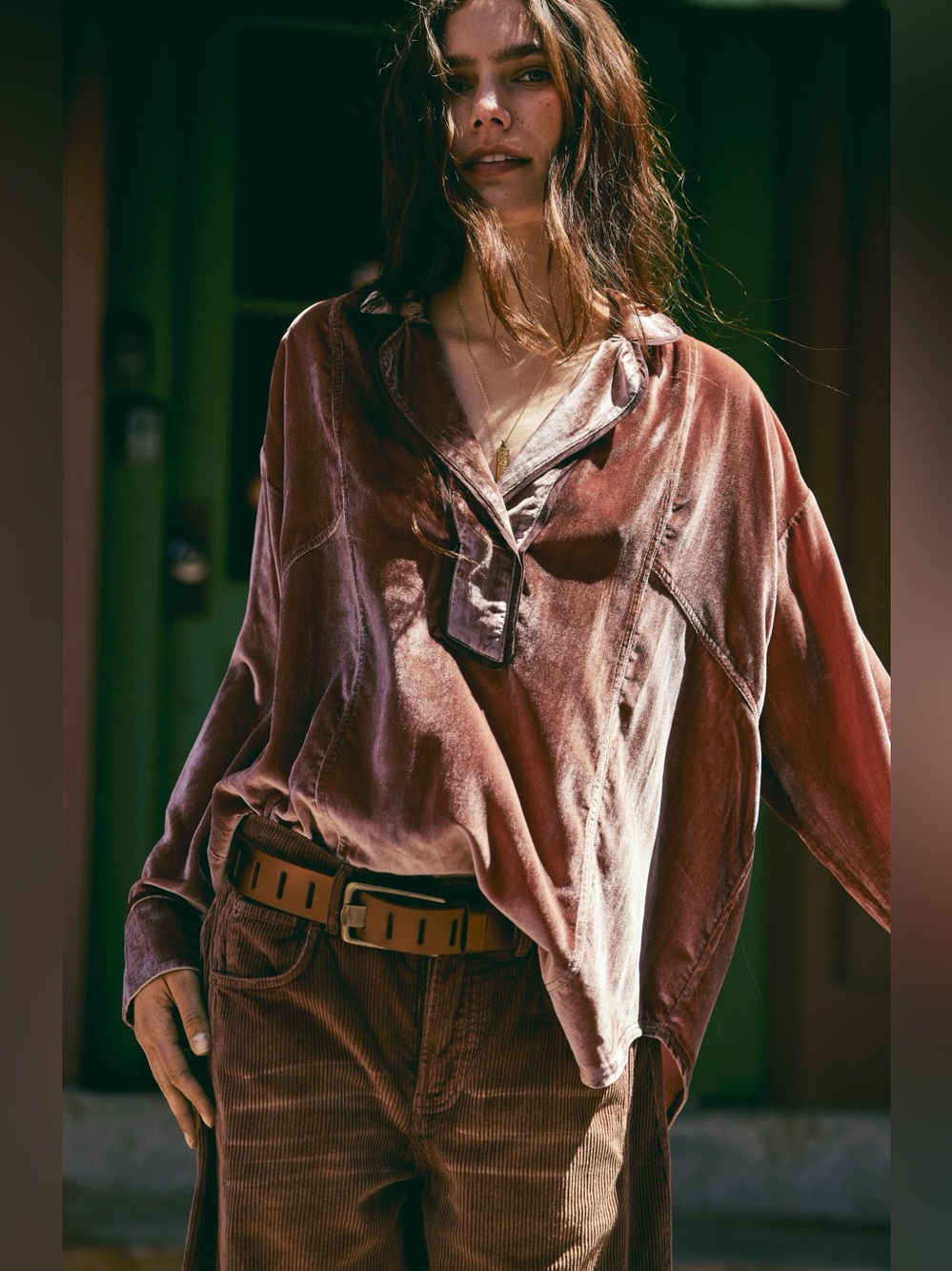 Free People We The Free Luxy Solid Velvet Shirt Cedar Wood Size XS RARE Sold Out
